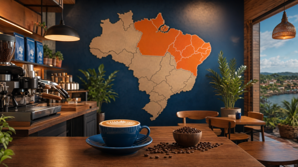 Cafeteria artesanal com mapa do Brasil destacando regiões Norte e Nordeste — expansão de franquias Coffee House