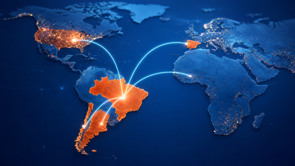 Mapa mundial com linhas conectando o Brasil aos principais destinos de internacionalização de franquias