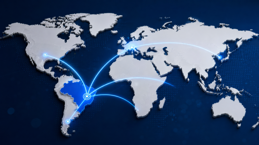 Mapa mundial com conexões representando a internacionalização das franquias brasileiras